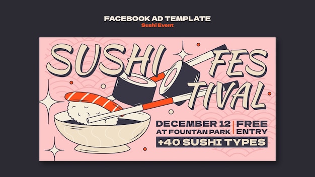 Modèle Facebook d'événement de sushi dessiné à la main