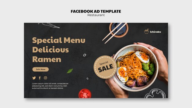 Modèle facebook de restaurant de cuisine savoureuse dessiné à la main