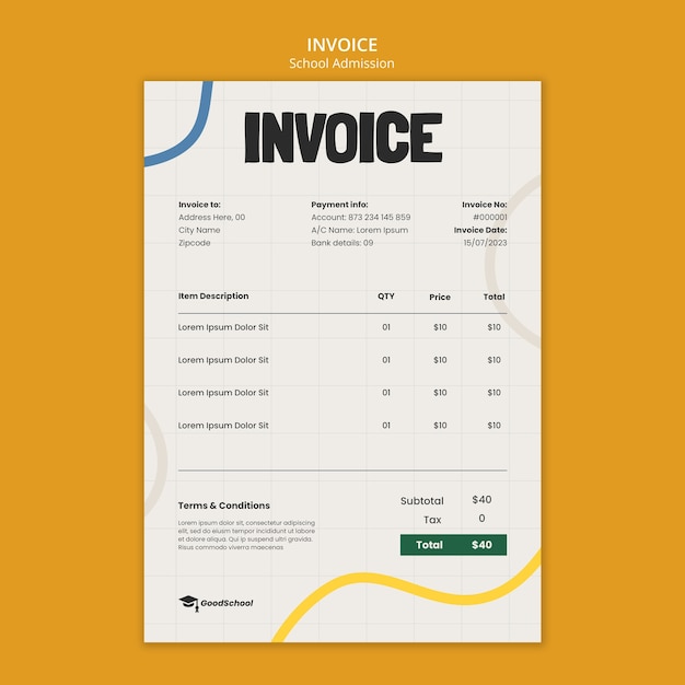 PSD gratuit modèle de facture d'admission à l'école de design plat
