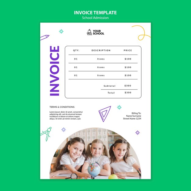 Modèle de facture d'admission scolaire dessiné à la main