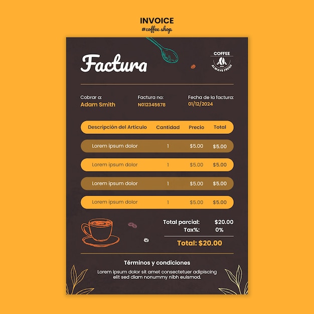 PSD gratuit modèle de facture de café