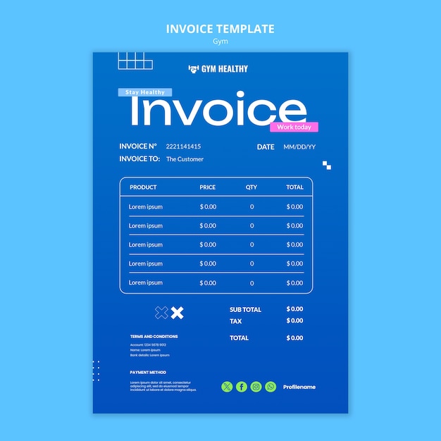 PSD gratuit modèle de facture d'entraînement en salle de sport
