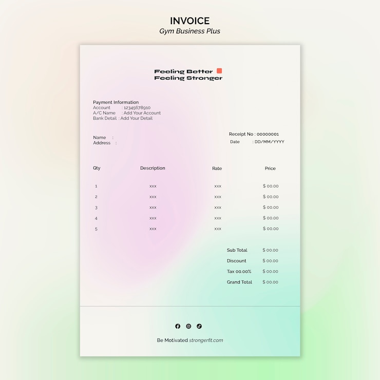 PSD gratuit modèle de facture de gym et de fitness pastel dégradé