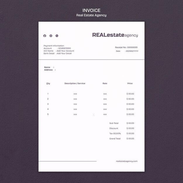 Modèle de facture immobilière design plat