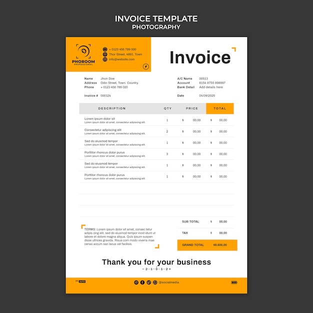 Modèle De Facture De Photographie Design Plat