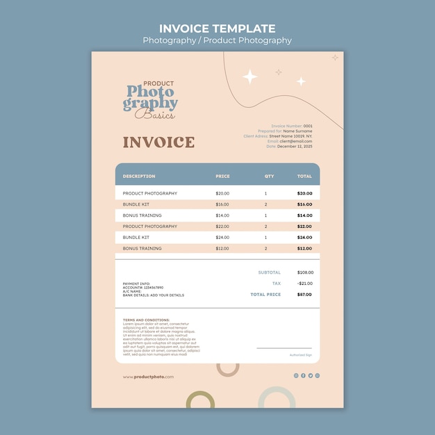 PSD gratuit modèle de facture de photographie design plat