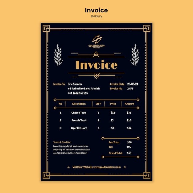 PSD gratuit modèle de facture pour boulangerie avec tableau noir dessiné à la main