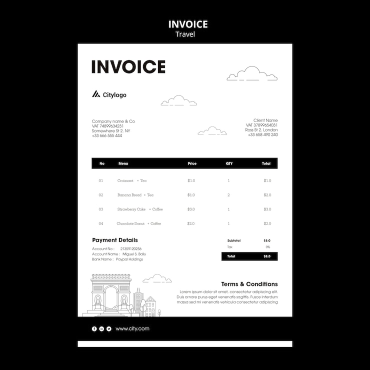 PSD gratuit modèle de facture pour les déplacements en ville