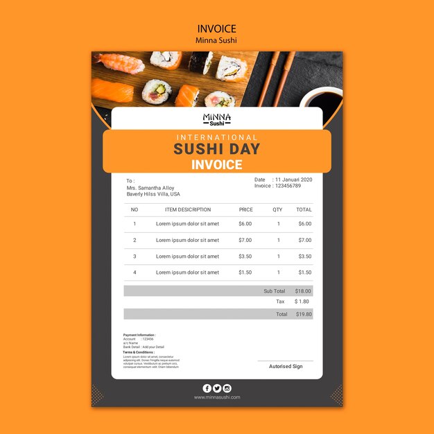 Modèle de facture pour la journée internationale des sushis
