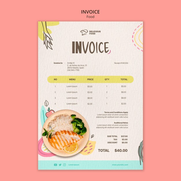 Modèle de facture de restaurant de cuisine délicieuse