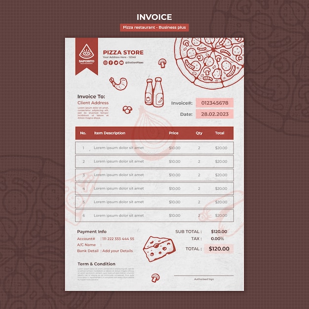 PSD gratuit modèle de facture de restaurant de pizza