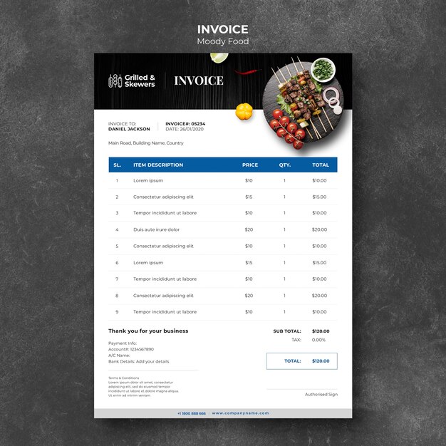 Modèle de facture de restaurant de steak et légumes grillés
