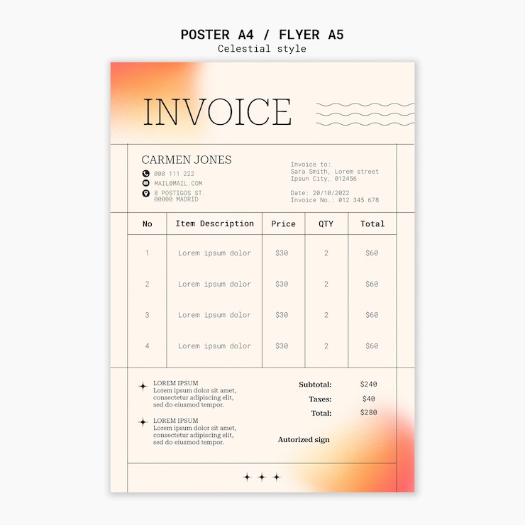 PSD gratuit modèle de facture de style céleste dégradé