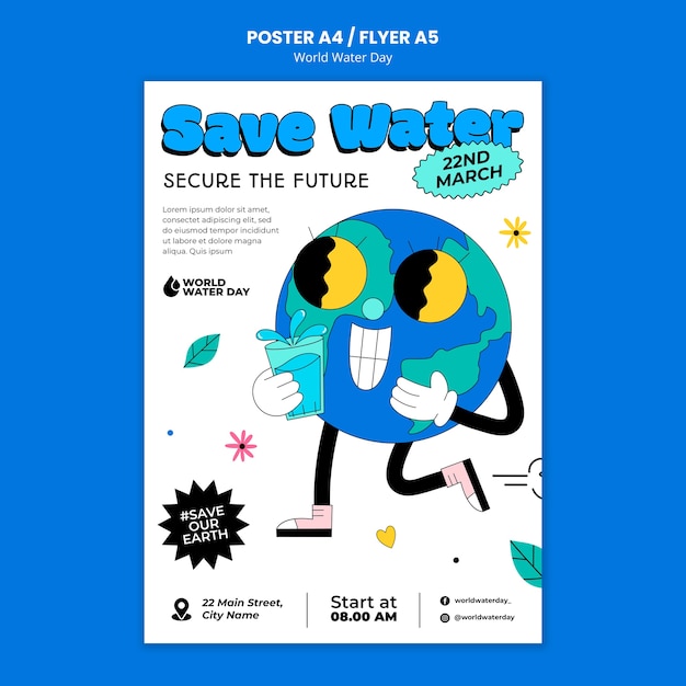 PSD gratuit modèle de flyer affiche de la journée mondiale de l'eau de personnage plat mignon