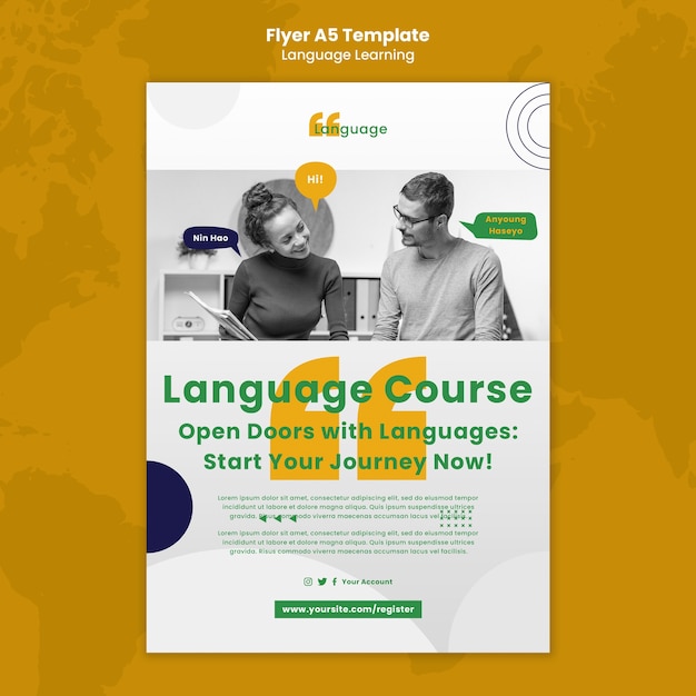 PSD gratuit modèle de flyer d'apprentissage des langues design plat