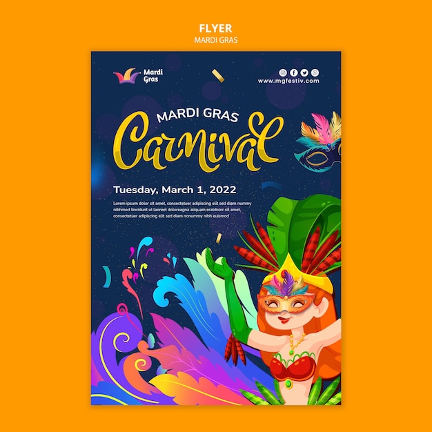 PSD gratuit modèle de flyer de carnaval de mardi gras coloré