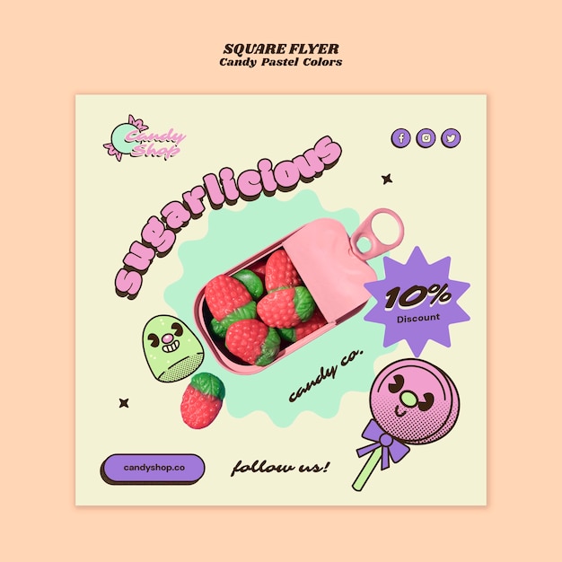 Modèle de flyer carré de couleurs pastel de bonbons