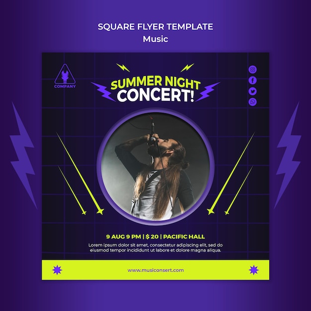 Modèle de flyer carré néon pour concert de nuit d'été