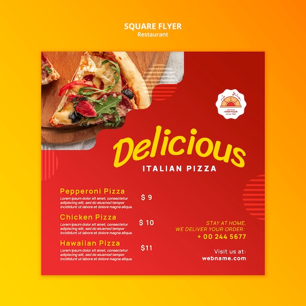 PSD gratuit modèle de flyer carré de pizzeria de nourriture délicieuse