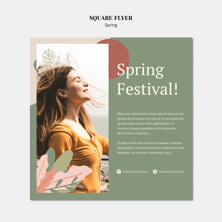 PSD gratuit modèle de flyer carré de printemps avec une femme et ses cheveux dans le vent