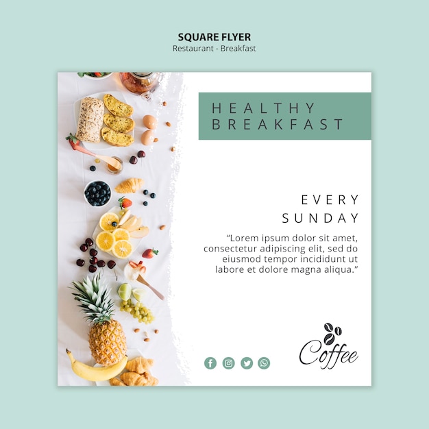 Modèle de flyer carré de restaurant de petit déjeuner