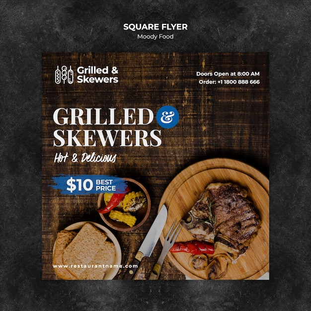 Modèle de flyer carré restaurant steak et légumes grillés