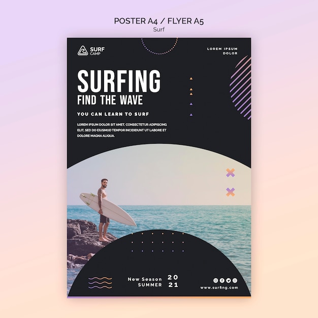 PSD gratuit modèle de flyer de cours de surf avec photo