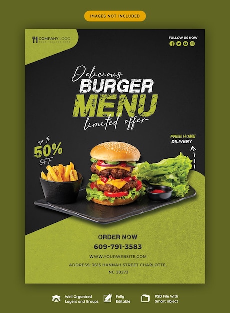 PSD gratuit modèle de flyer délicieux menu burger et nourriture