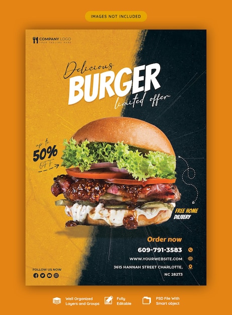 Modèle de flyer délicieux menu burger et nourriture