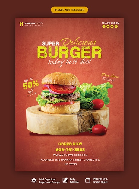 PSD gratuit modèle de flyer délicieux menu burger et nourriture