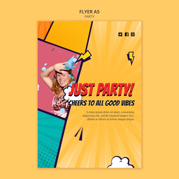 Modèle de flyer de fête de style bande dessinée