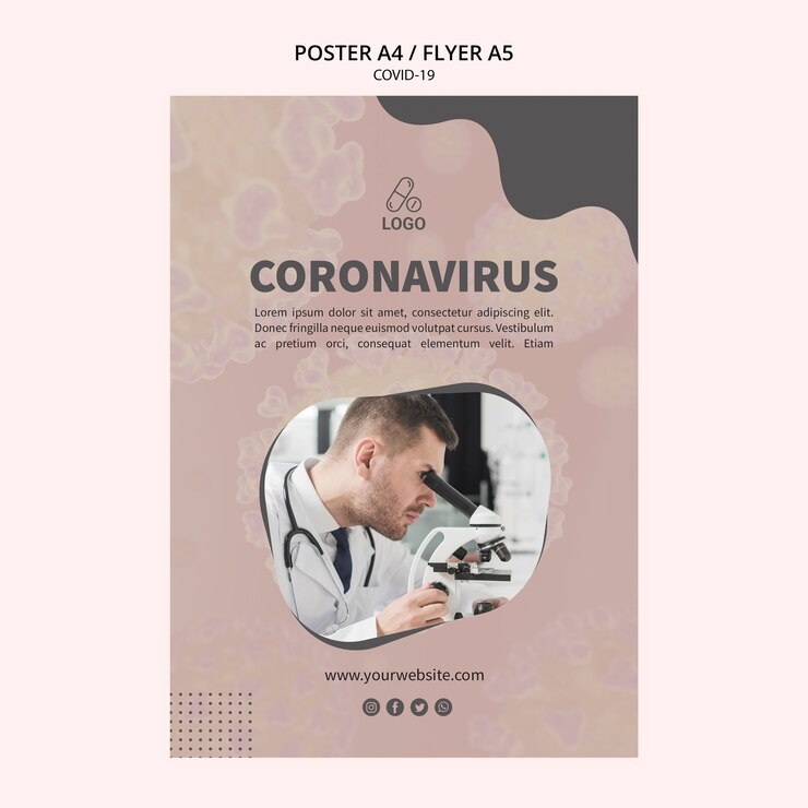 PSD gratuit modèle de flyer homme regardant à travers le microscope coronavirus
