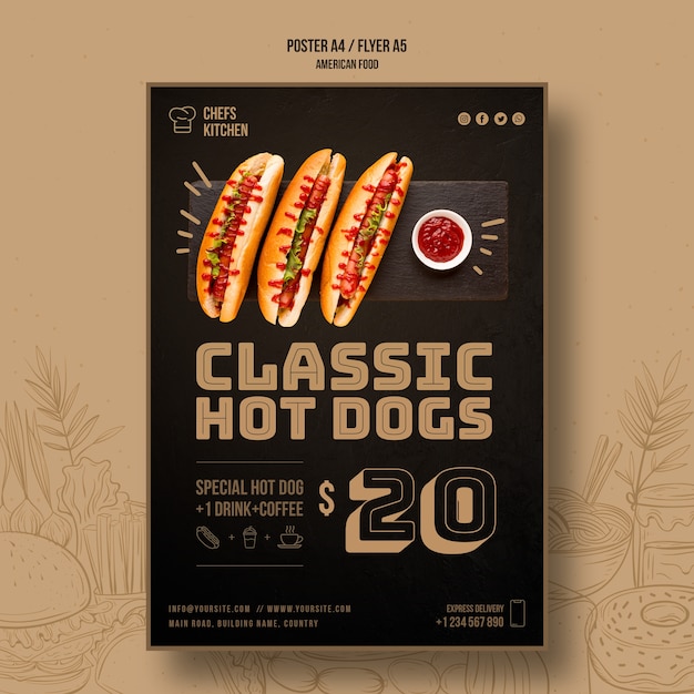 Modèle de Flyer de hot dogs classique américain