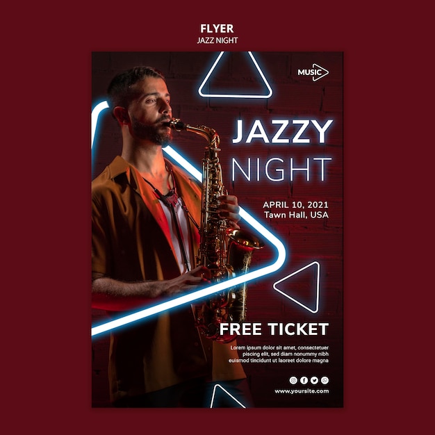 PSD gratuit modèle de flyer pour l'événement de nuit de jazz au néon