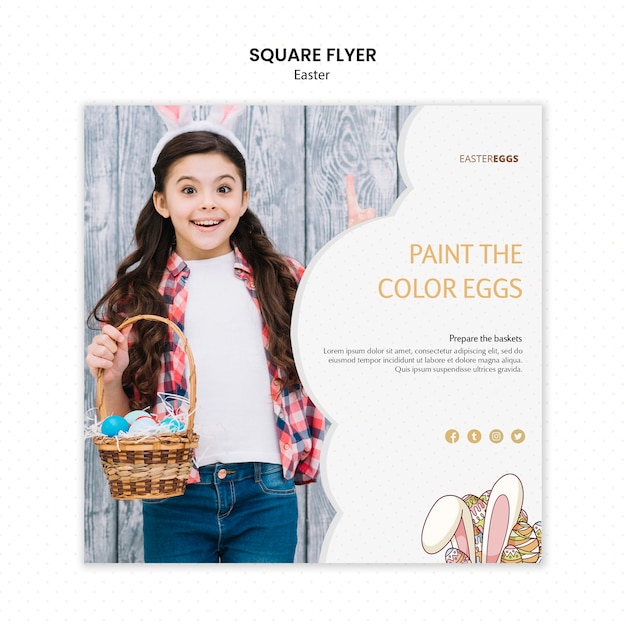 PSD gratuit modèle de flyer pour pâques avec enfant portant des oreilles de lapin et tenant le panier