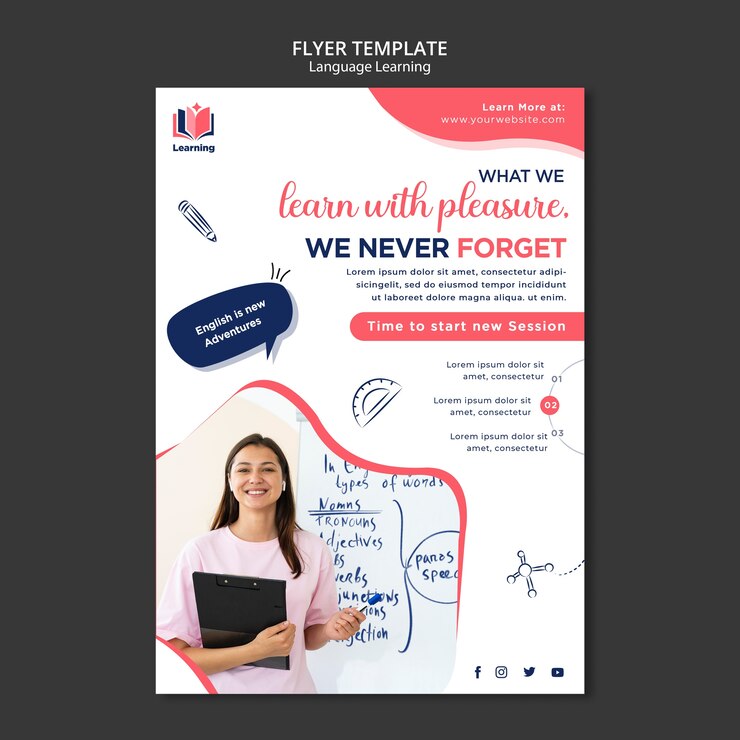 PSD gratuit modèle de flyer vertical de cours de langue avec un dessin abstrait