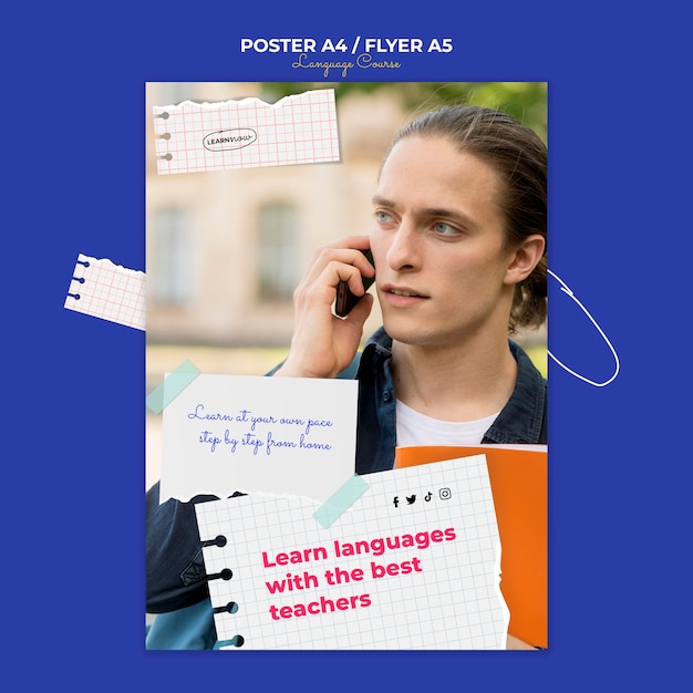 PSD gratuit modèle de flyer vertical de cours de langue avec des pages de cahier