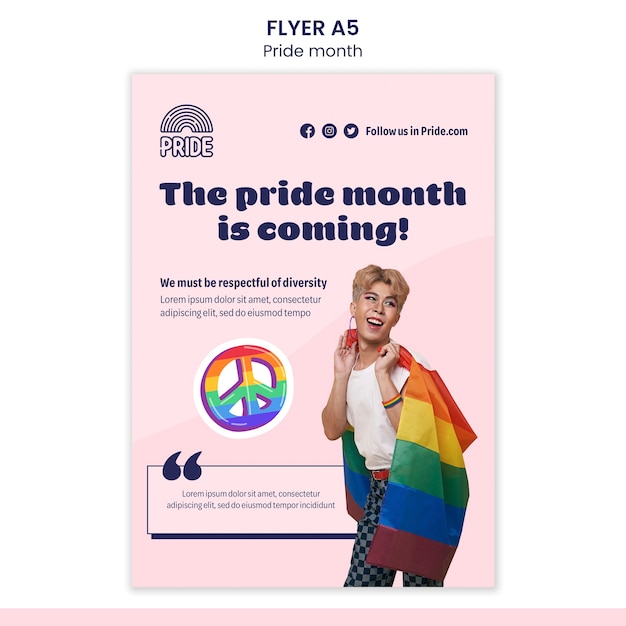 PSD gratuit modèle de flyer vertical du mois de la fierté avec une personne lgbt