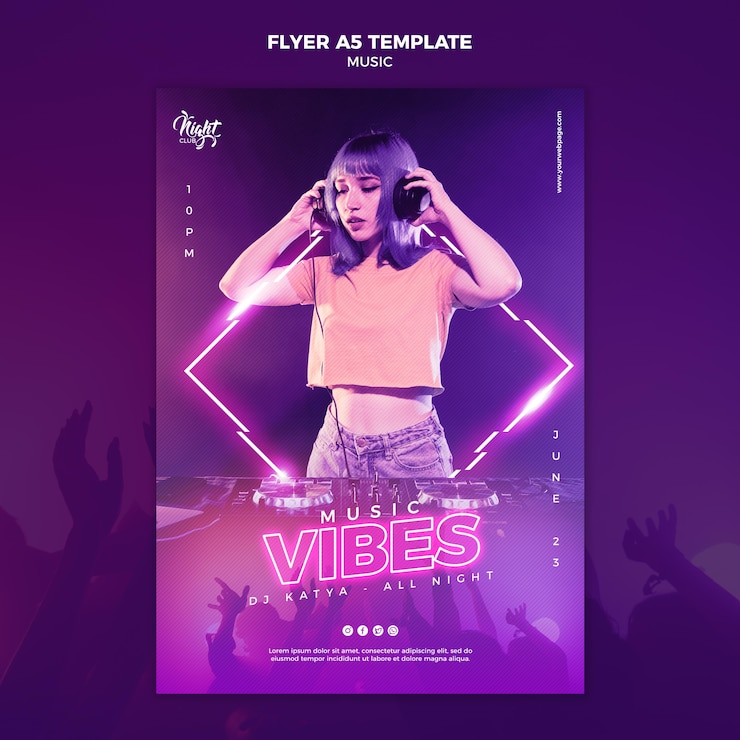 PSD gratuit modèle de flyer vertical néon pour la musique électronique avec dj féminin