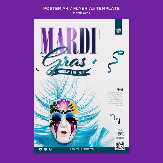 PSD gratuit modèle de flyer vertical pour mardi gras avec masque de carnaval