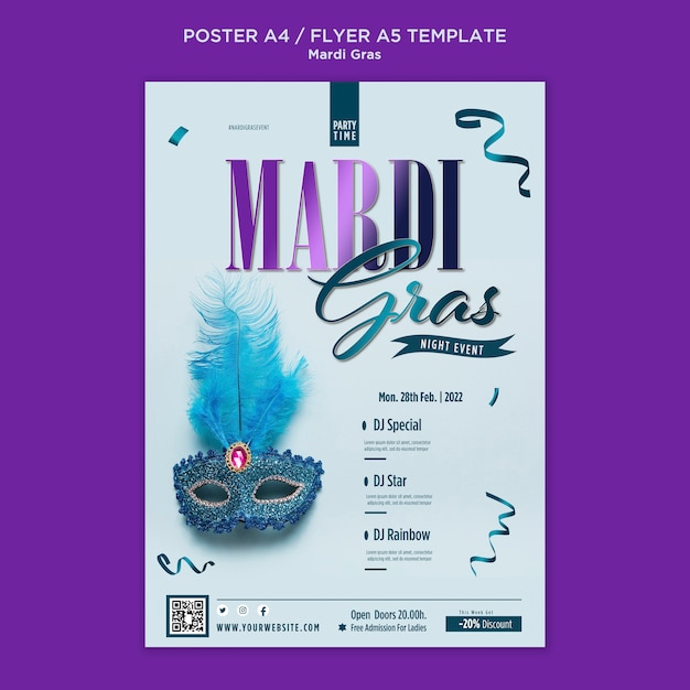 Modèle De Flyer Vertical Pour Mardi Gras Avec Masque De Carnaval Psd gratuit