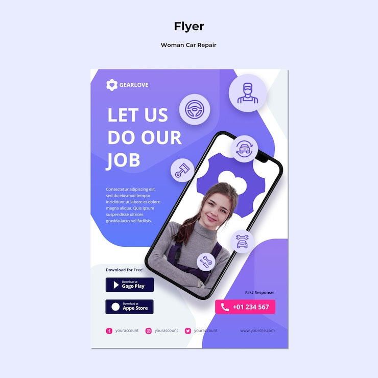 PSD gratuit modèle de flyer vertical pour mécanicien automobile féminin