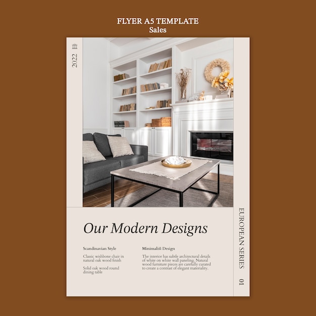 Modèle de flyer vertical de vente de décoration d'intérieur avec des meubles
