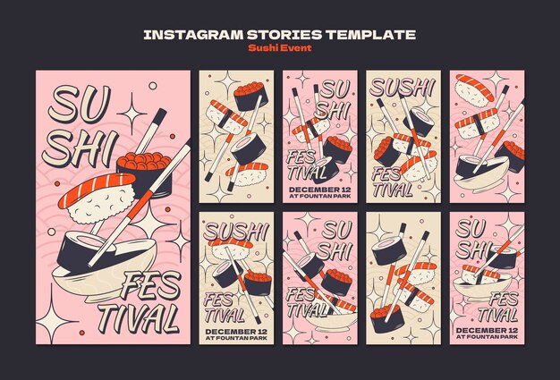 Modèle d'histoires instagram d'événement de sushi dessinés à la main