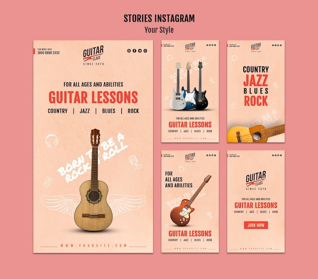 PSD gratuit modèle d'histoires instagram de leçons de guitare