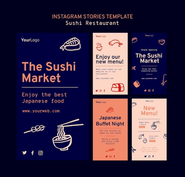 Modèle d'histoires instagram de restaurant de sushi