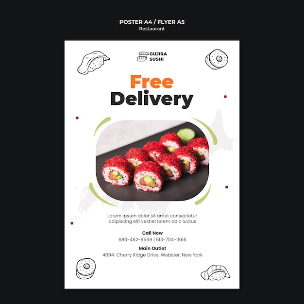 PSD gratuit modèle d'impression d'affiche de livraison gratuite de restaurant de sushi
