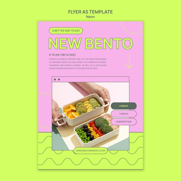 PSD gratuit modèle d'impression de boîte à bento néon