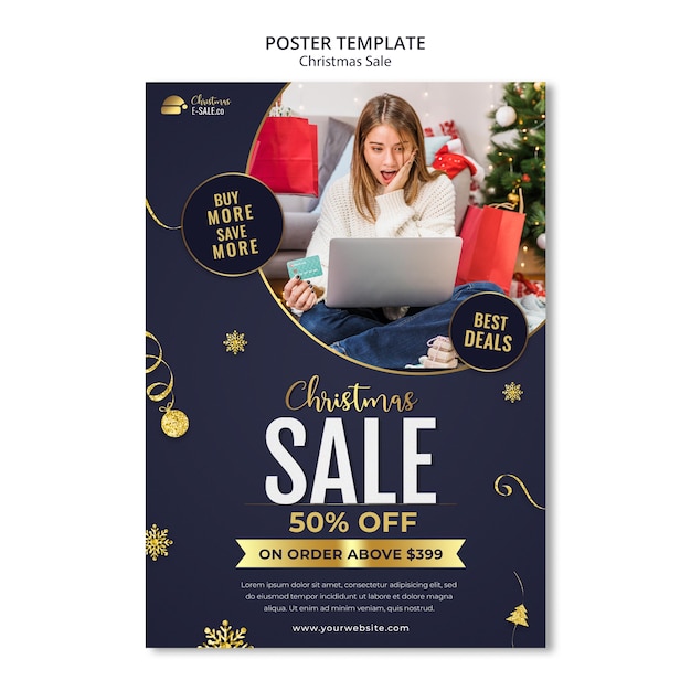 PSD gratuit modèle d'impression de vente de noël avec des détails dorés