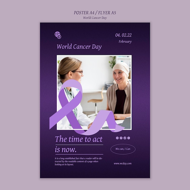 PSD gratuit modèle d'impression verticale de la journée mondiale du cancer avec des détails violets